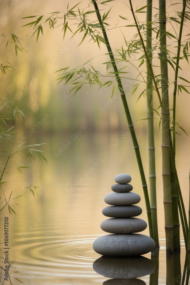 Stacked Stones in a Tranquil Pond with Bamboo Shoots. Stacked Stones in a Tranquil Pond with Bamboo Shoots.