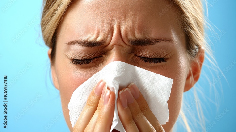 Sick Woman. Flu. Woman Caught Cold. Sneezing into Tissue, Sick Woman. Flu. Woman Caught Cold. Sneezing into Tissue,