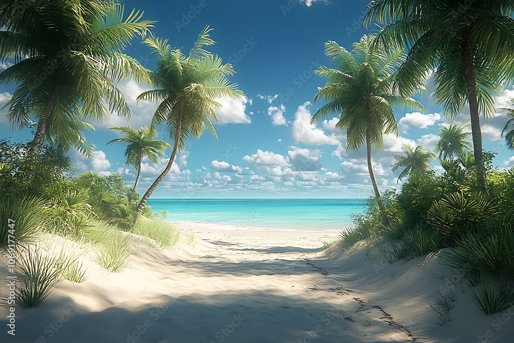 Obraz premium Sunny Pathway Through Palm Trees to a Tropical Beach Scene