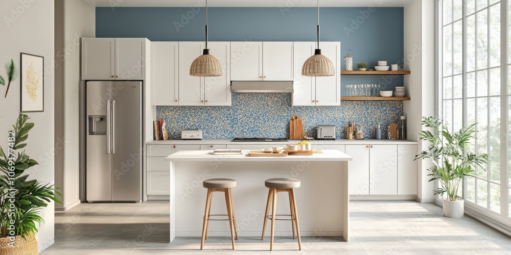 Modern Kitchen Interior with White Cabinets and Island Modern Kitchen Interior with White Cabinets and Island