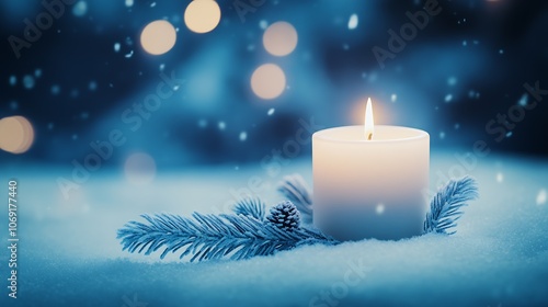 Serene Candlelit Night with Pine and Falling Snow Captivating Winter Scene : Generative AI photo