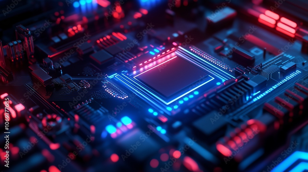 Close-up view of a modern circuit board illuminated by blue and red lights, showcasing intricate technology and design patterns Close-up view of a modern circuit board illuminated by blue and red lights, showcasing intricate technology and design patterns