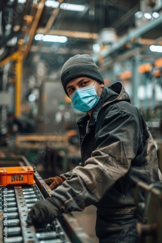 Male Factory Worker Handling Metal Parts in Industrial Facility with Safety Gear