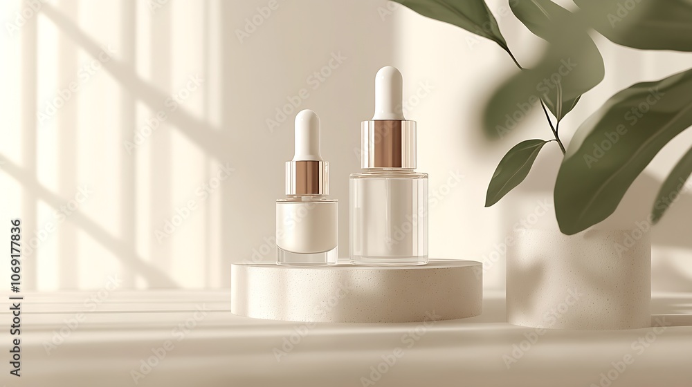 Elegant Cosmetic Serums on Neutral Background with Minimalistic Plant Decor : Generative AI Elegant Cosmetic Serums on Neutral Background with Minimalistic Plant Decor : Generative AI