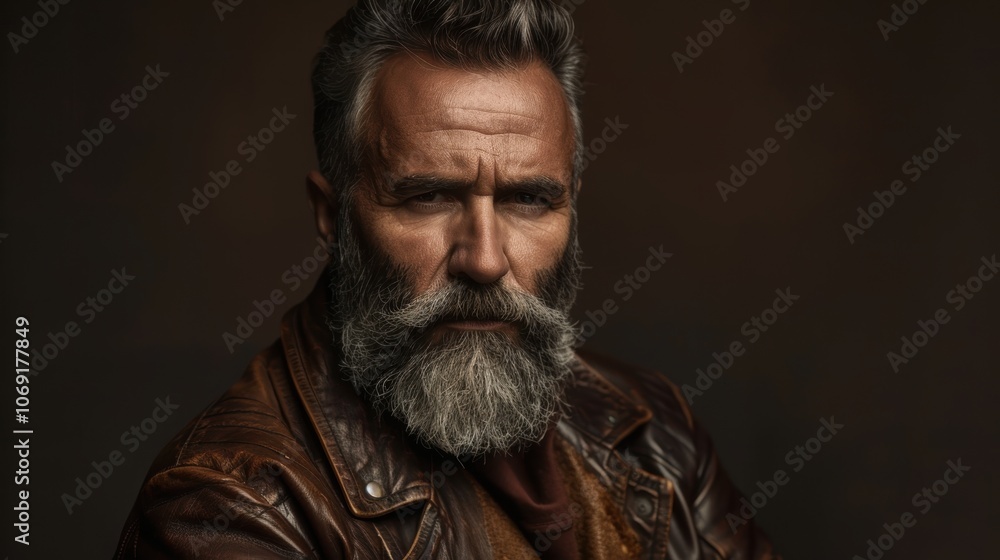Ruggedly Handsome Middle-Aged Man in Leather Jacket with Dramatic Lighting Against Dark Brown Background Ruggedly Handsome Middle-Aged Man in Leather Jacket with Dramatic Lighting Against Dark Brown Background