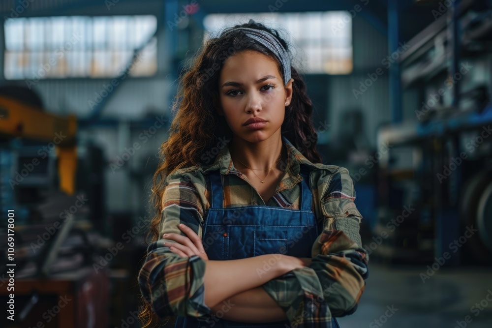 Confident mixed race female worker in factory workshop portrait Confident mixed race female worker in factory workshop portrait