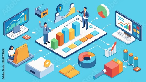 A visual representation of data analysis, showcasing charts, graphs, and growth indicators, with figures symbolizing successful business analysis and strategy.