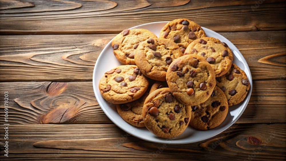 A plate of freshly baked chocolate chip cookies on a rustic wooden table. The cookies are warm, soft, and full of chocolate chips, inviting a taste of sweet indulgence. This image symbolizes comfort, A plate of freshly baked chocolate chip cookies on a rustic wooden table. The cookies are warm, soft, and full of chocolate chips, inviting a taste of sweet indulgence. This image symbolizes comfort,