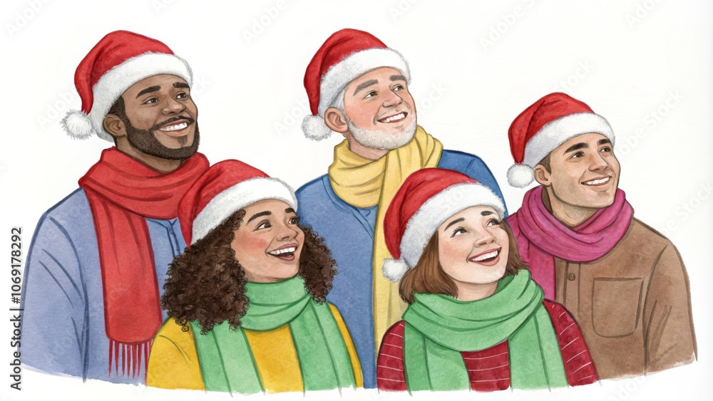 A group of five friends, each with a unique look and ethnicity, wearing Santa hats and scarves, looking up with joyful expressions, symbolizing unity, diversity, holiday spirit, friendship and Christ A group of five friends, each with a unique look and ethnicity, wearing Santa hats and scarves, looking up with joyful expressions, symbolizing unity, diversity, holiday spirit, friendship and Christ