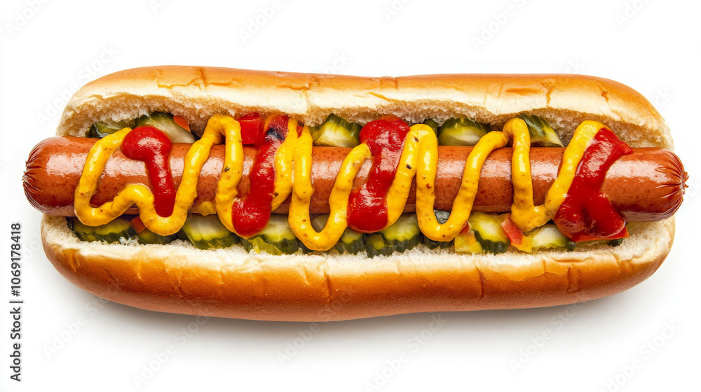 A hot dog topped with mustard, ketchup, and pickles in a bun. A hot dog topped with mustard, ketchup, and pickles in a bun.