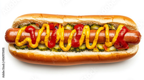 A hot dog topped with mustard, ketchup, and pickles in a bun.