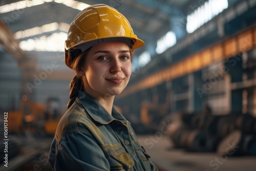 Young female worker in industrial plant wearing helmet smiling.