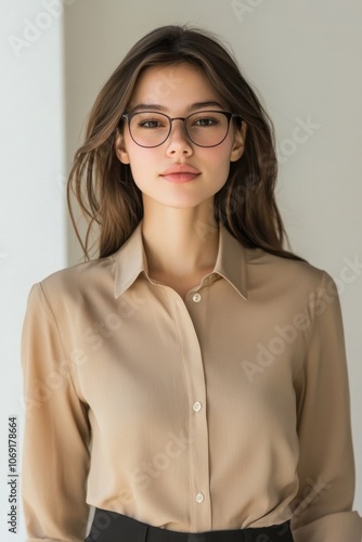 Confident young woman in eyeglasses looking at camera