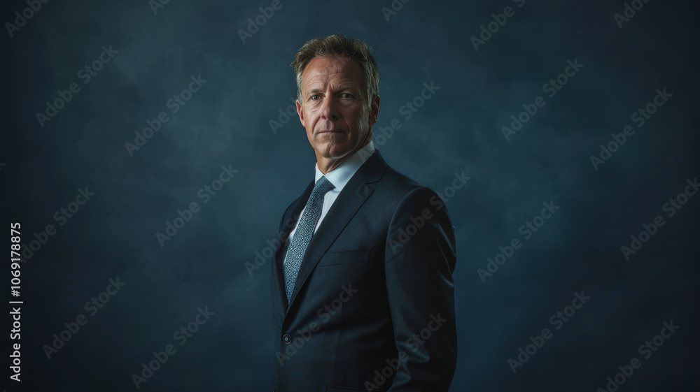 Confident Male Lawyer in Sharp Suit Against Dark Blue Background for Professional Portraits Confident Male Lawyer in Sharp Suit Against Dark Blue Background for Professional Portraits