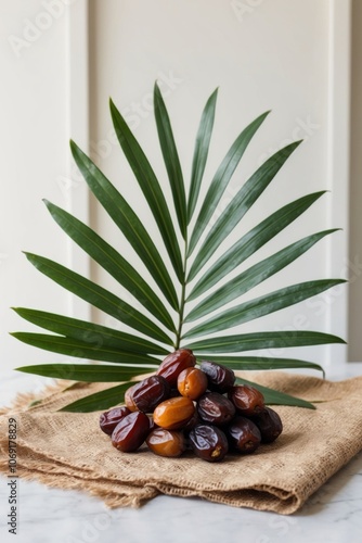 Dates on a Burlap Cloth with a Palm Leaf in the Foreground. photo