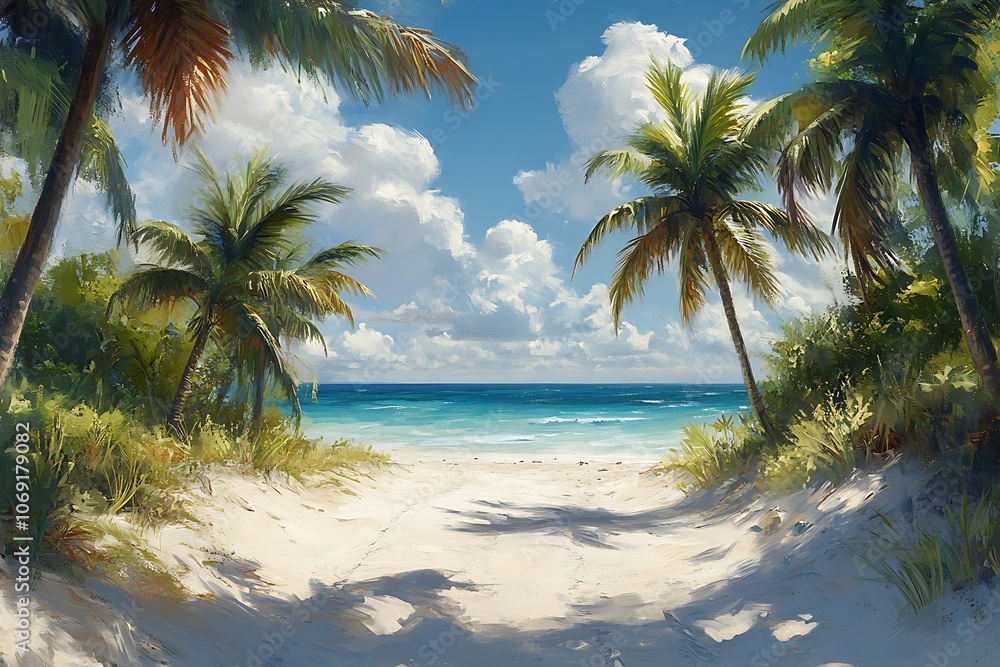 Fototapeta premium Tranquil Tropical Beach Path with Palm Trees and Bright Sky