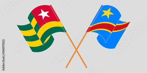 Crossed and waving flags of Togo and Democratic Republic of the Congo. Vector illustration