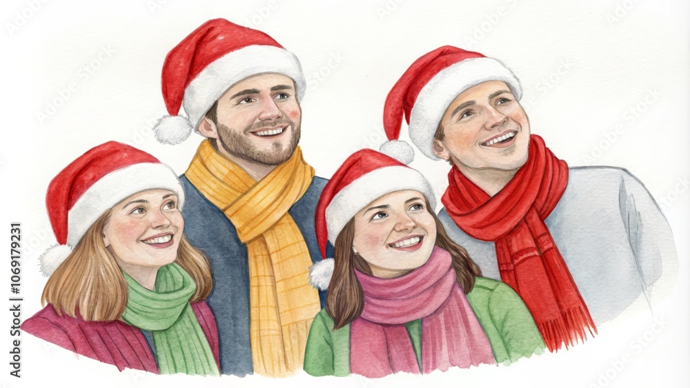 A heartwarming illustration of a family of four, adorned in festive Christmas attire, gazing upwards with wonder and anticipation. Their joyful expressions, vibrant colors, and warm smiles capture the A heartwarming illustration of a family of four, adorned in festive Christmas attire, gazing upwards with wonder and anticipation. Their joyful expressions, vibrant colors, and warm smiles capture the