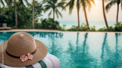 A serene poolside scene featuring a straw hat adorned with a flower, surrounded by lush palm trees and a tranquil ocean view at sunset.