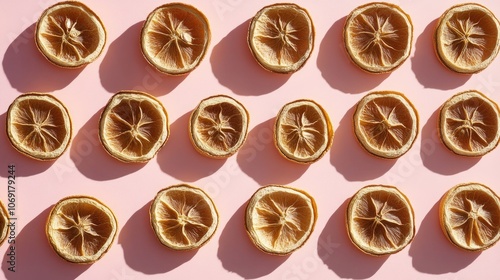 Flat arrangement of dried lemon circles creating a repetitive design on pink, with natural shadows adding dimension