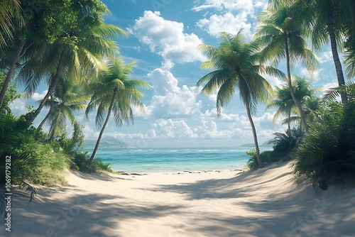 Tropical Beach Paradise with Palm Tree Path and Blue Sky photo