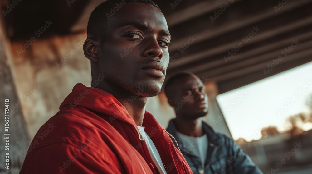 Dark-skinned man with a contemplative expression, standing with another man under an urban bridge in street clothing, soft daylight, Dark-skinned man with a contemplative expression, standing with another man under an urban bridge in street clothing, soft daylight,