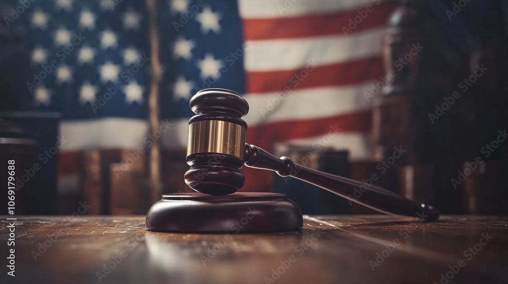 Wooden judge's gavel placed on sound block on a desk with american flag in the background Wooden judge's gavel placed on sound block on a desk with american flag in the background