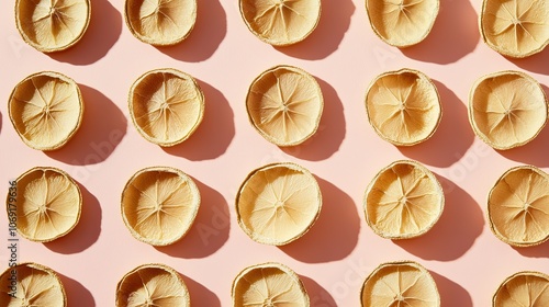 Flat lay of dried lemon slices arranged in a uniform grid on a soft pink background, casting subtle shadows for depth