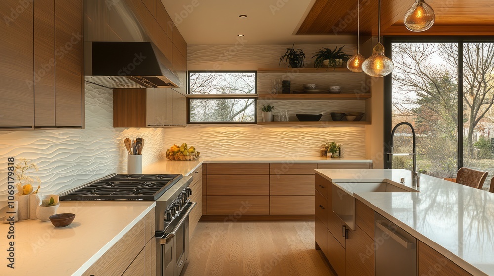 Modern Kitchen with White Wave Tile Backsplash, Wooden Cabinets, and Natural Light Modern Kitchen with White Wave Tile Backsplash, Wooden Cabinets, and Natural Light