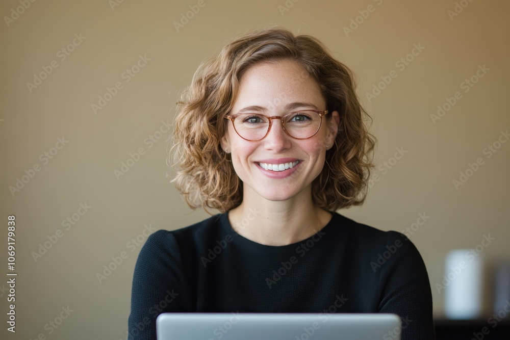 Smiling woman with curly hair and glasses sitting in front of laptop Smiling woman with curly hair and glasses sitting in front of laptop