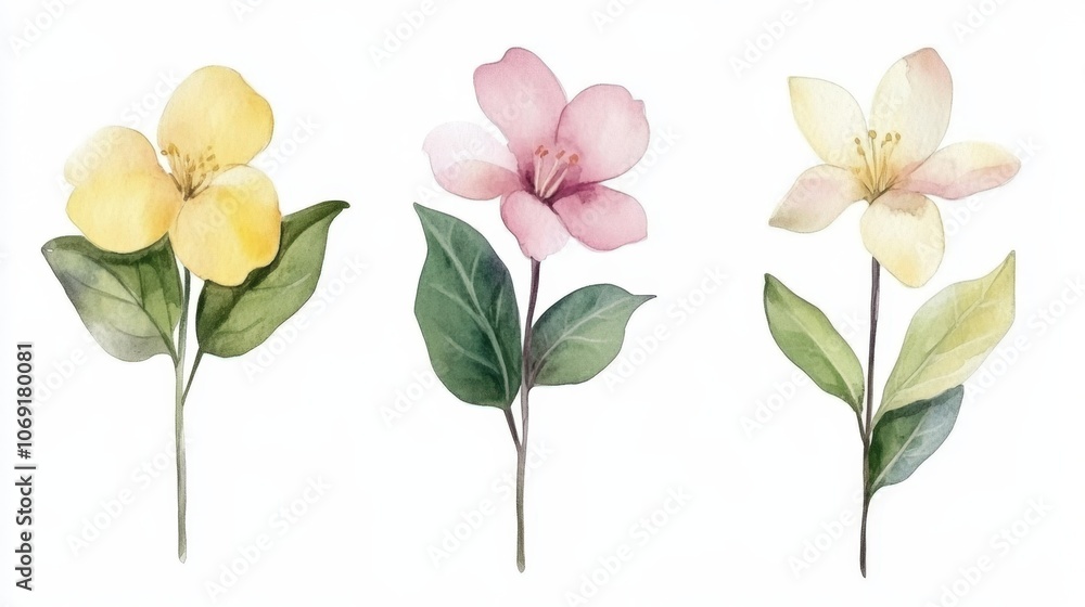 Obraz premium Watercolor illustration spring blossom flowers with soft yellow and pink hues green leaves isolated on white background