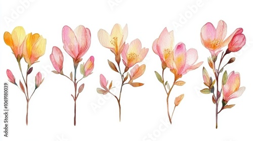 Wallpaper Mural Watercolor illustration spring blossom flowers in soft pink and yellow hues with minimalistic design isolated on white background for postcards and banners Torontodigital.ca