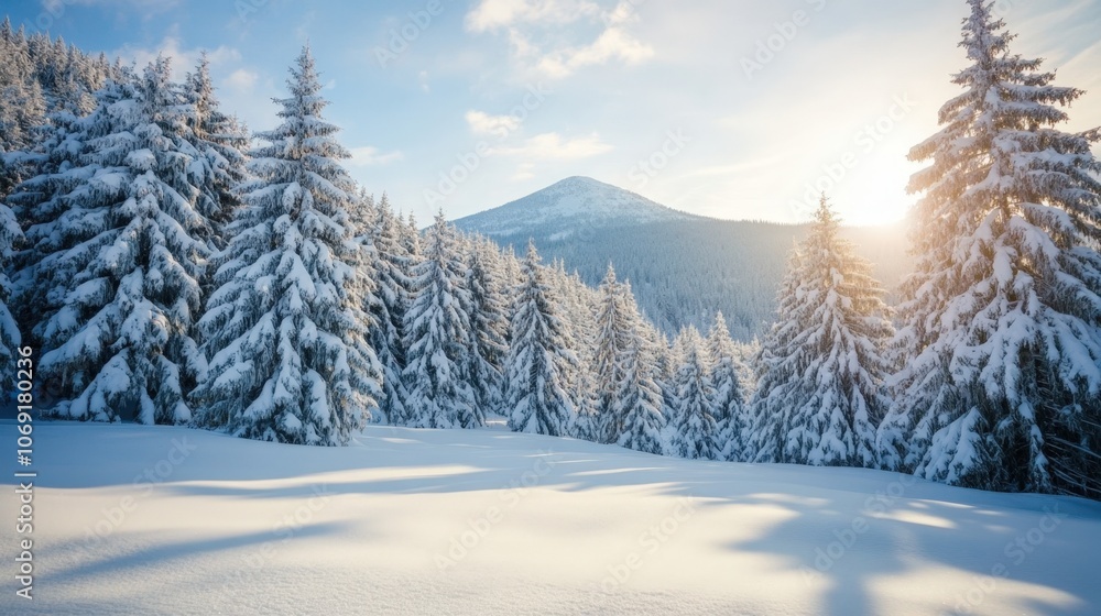 Snow-covered pine trees with a mountain in the background, bright winter sunlight, minimal sky details, winter atmosphere. Snow-covered pine trees with a mountain in the background, bright winter sunlight, minimal sky details, winter atmosphere.