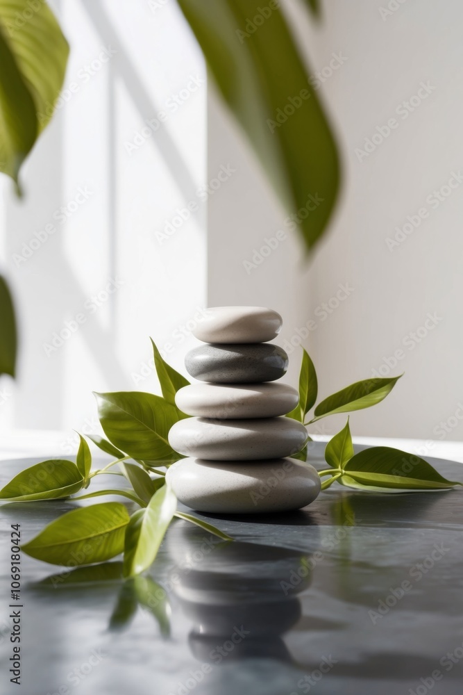 Stacked Massage stones with leaves on a dark stone table. Stacked Massage stones with leaves on a dark stone table.