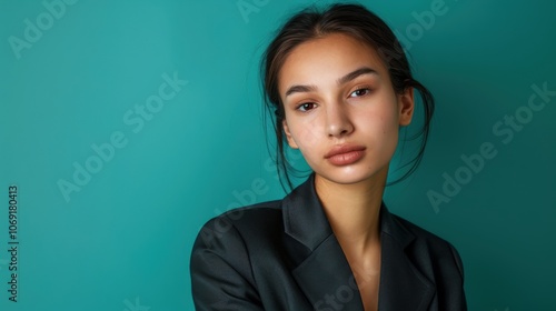 Confident Young Female CEO in Sleek Blazer Against Bold Teal Background