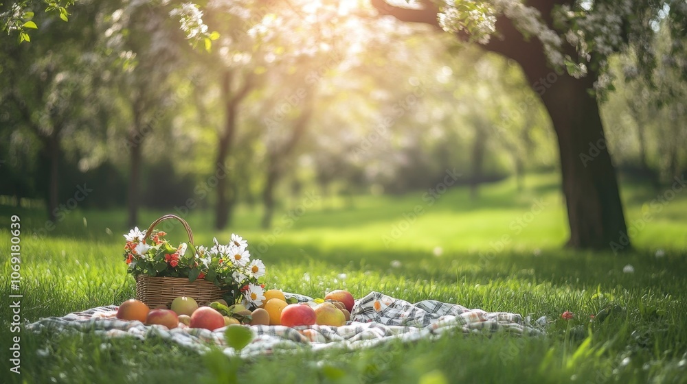 Minimalist picnic scene in a grassy park, blanket with fresh fruits and flowers, soft sunlight filtering through trees, lively spring atmosphere Minimalist picnic scene in a grassy park, blanket with fresh fruits and flowers, soft sunlight filtering through trees, lively spring atmosphere