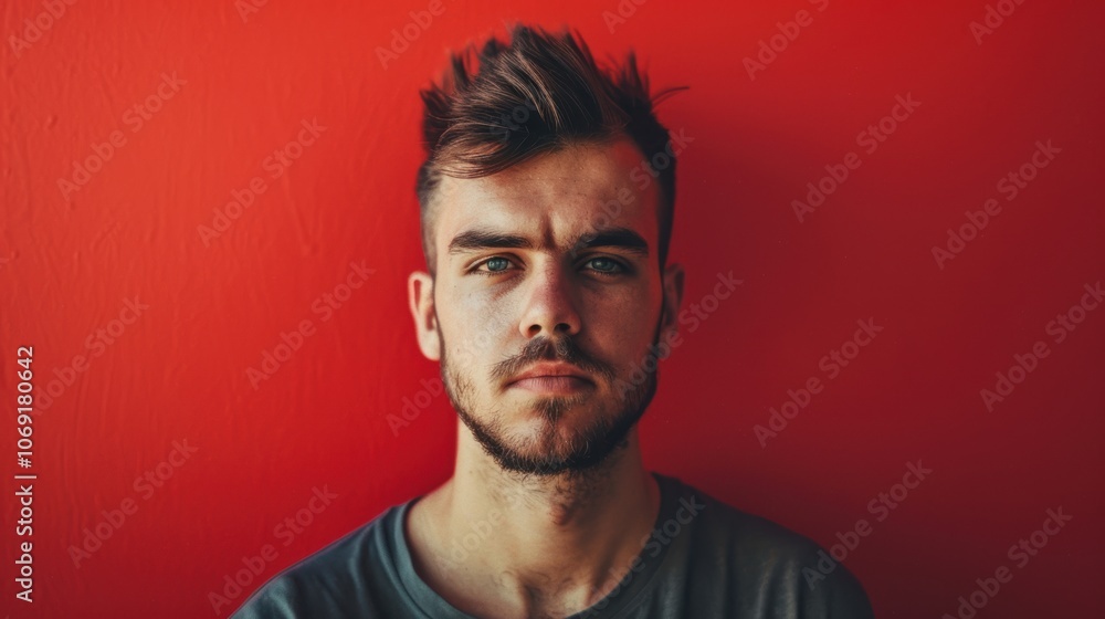 Obraz premium Creative Expression: Young Artist's Intense Portrait Against Bold Red Background for Poster Design