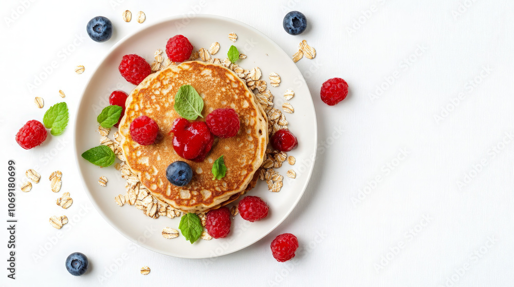 A stack of pancakes topped with berries and mint on a plate, arranged for a delightful meal. A stack of pancakes topped with berries and mint on a plate, arranged for a delightful meal.
