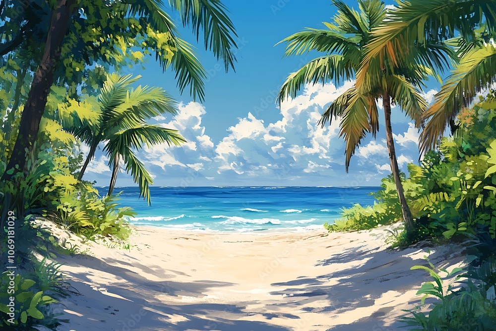 Obraz premium Tropical Beach Path Through Lush Greenery1