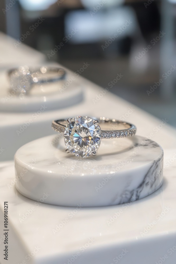 Elegant diamond engagement ring on marble display Elegant diamond engagement ring on marble display