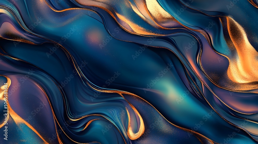 Obraz premium An abstract background with a liquid paint effect, blending blue, gold, and rainbow colors in a seamless pattern, evoking luxury and creativity.