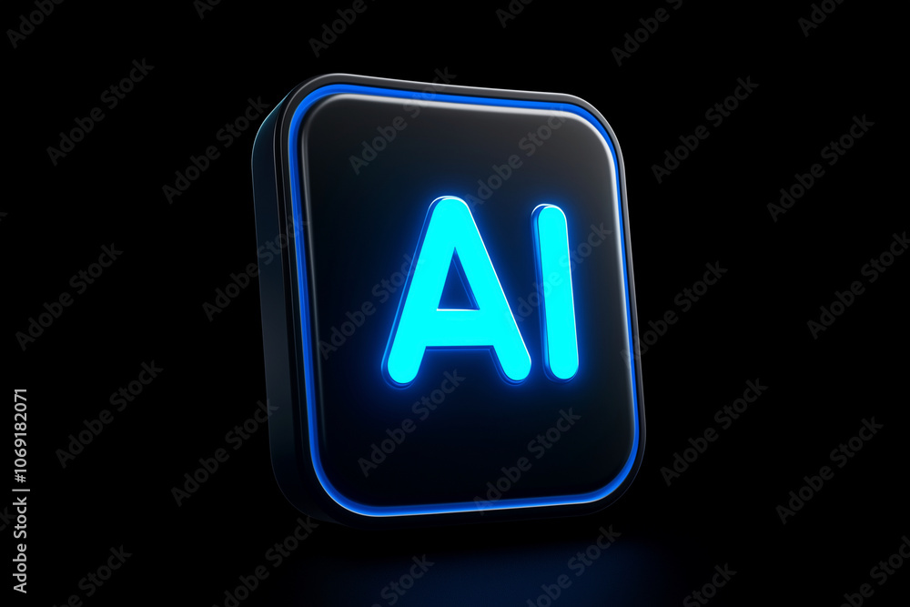 image is of a blue letter Ai with a black background. The letter is illuminated and he is part of a larger design. Scene is futuristic and modern, with the blue color scheme and the glowing letter image is of a blue letter Ai with a black background. The letter is illuminated and he is part of a larger design. Scene is futuristic and modern, with the blue color scheme and the glowing letter