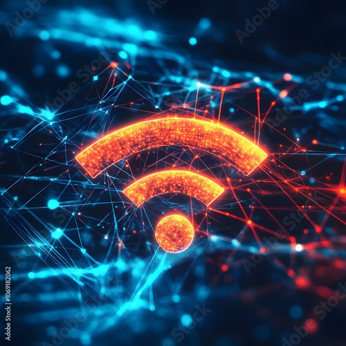 An abstract data background showcasing a wireless network and connection, featuring a prominent Wi-Fi symbol photo