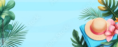 A tropical beach scene featuring a straw hat, flowers, and palm leaves against a light blue background.