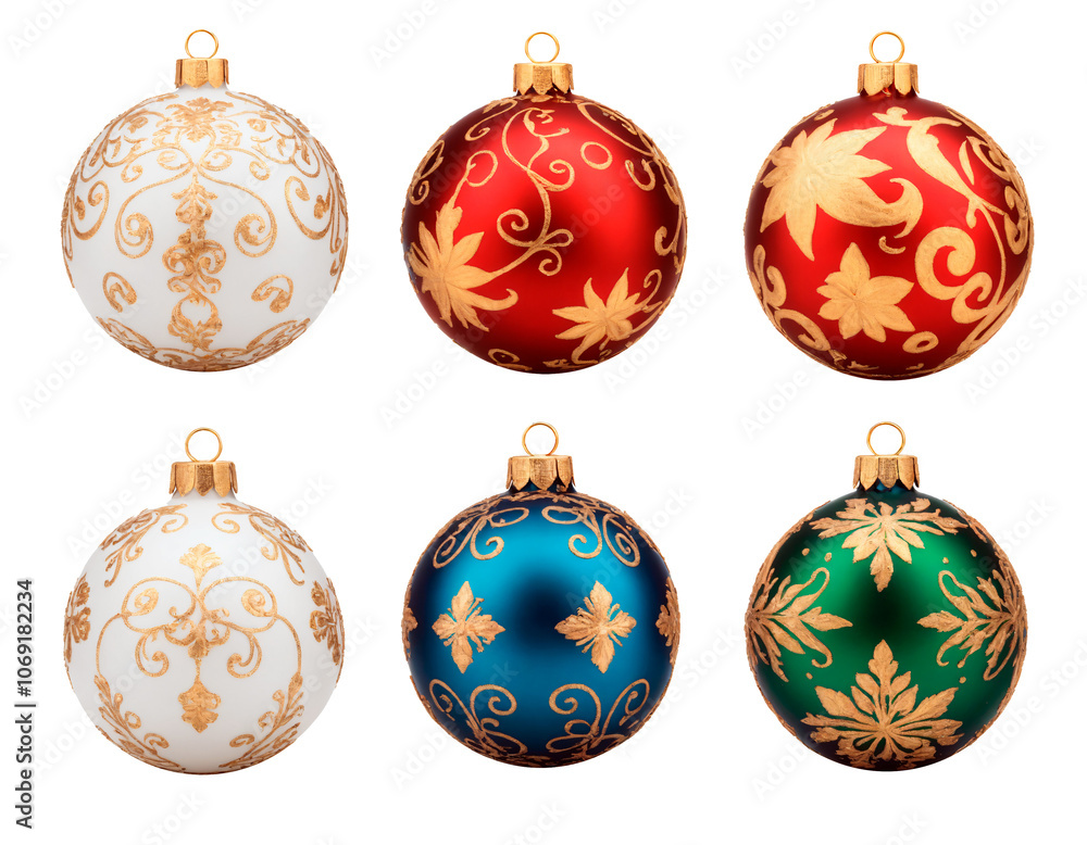 Set of Christmas tree balls of different bright colors with ornament, New Year's Eve decoration spheres Set of Christmas tree balls of different bright colors with ornament, New Year's Eve decoration spheres