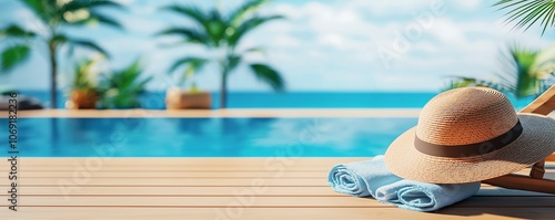 A serene poolside scene featuring a straw hat and towel, surrounded by palm trees and a tranquil ocean backdrop.