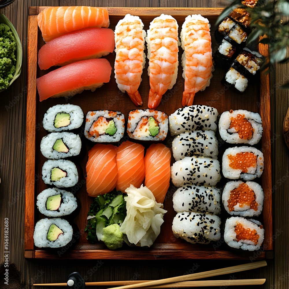 Assorted sushi platter with rolls and sashimi Assorted sushi platter with rolls and sashimi
