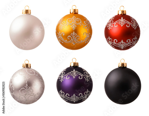 Set of Christmas tree balls of different bright colors with ornament, New Year's Eve decoration spheres