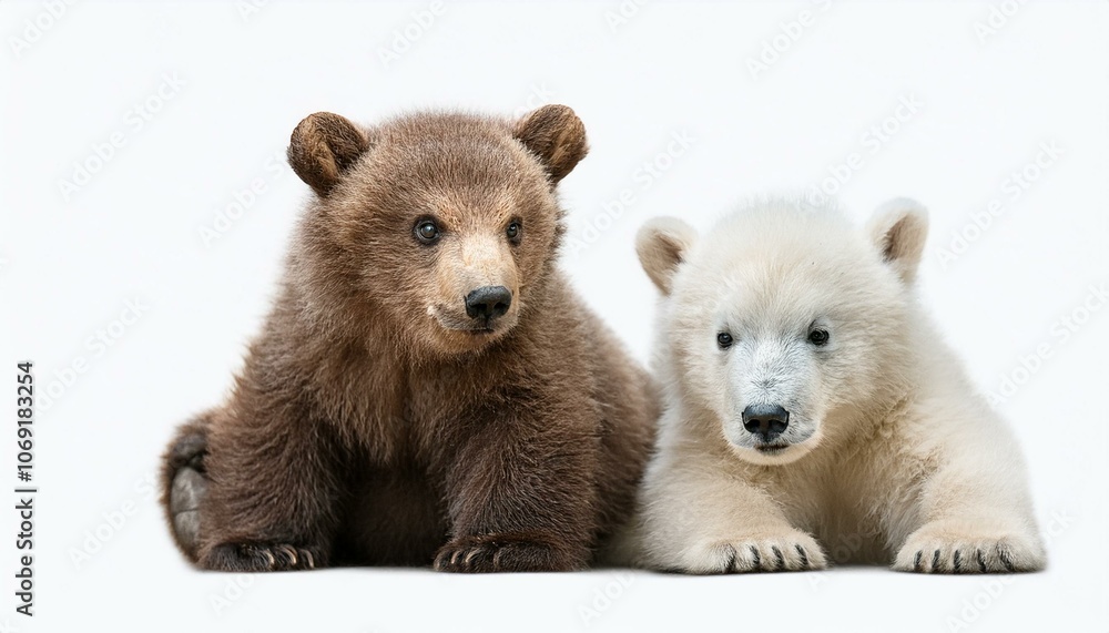 Two cubs of a brown bear and a polar bear playing with each other, white background Two cubs of a brown bear and a polar bear playing with each other, white background