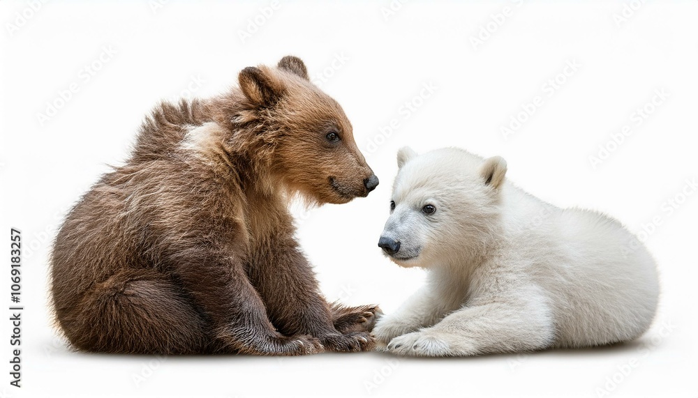 Fototapeta premium Two cubs of a brown bear and a polar bear playing with each other, white background